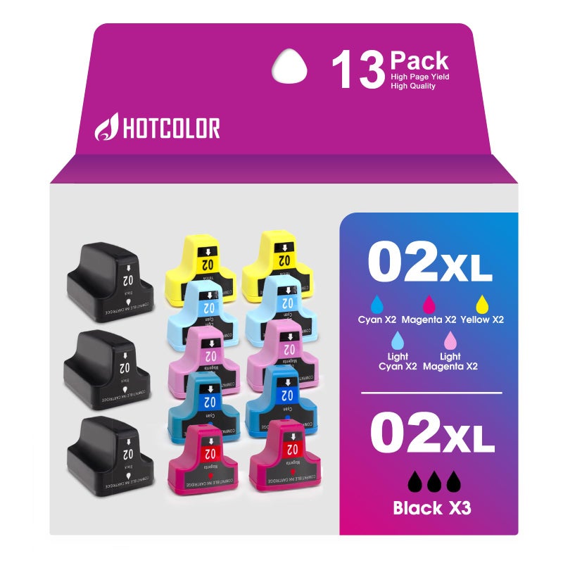 HOTCOLOR Remanufactured for hp 02 Ink Cartridges Replacement for HP C6280 Ink cartridges Photosmart c7250 Ink C7200 C7280 8250 C6180 C5280 Printer (3BK/2C/2M/2Y/2LC/2LM, 13-Pack) - Image 1